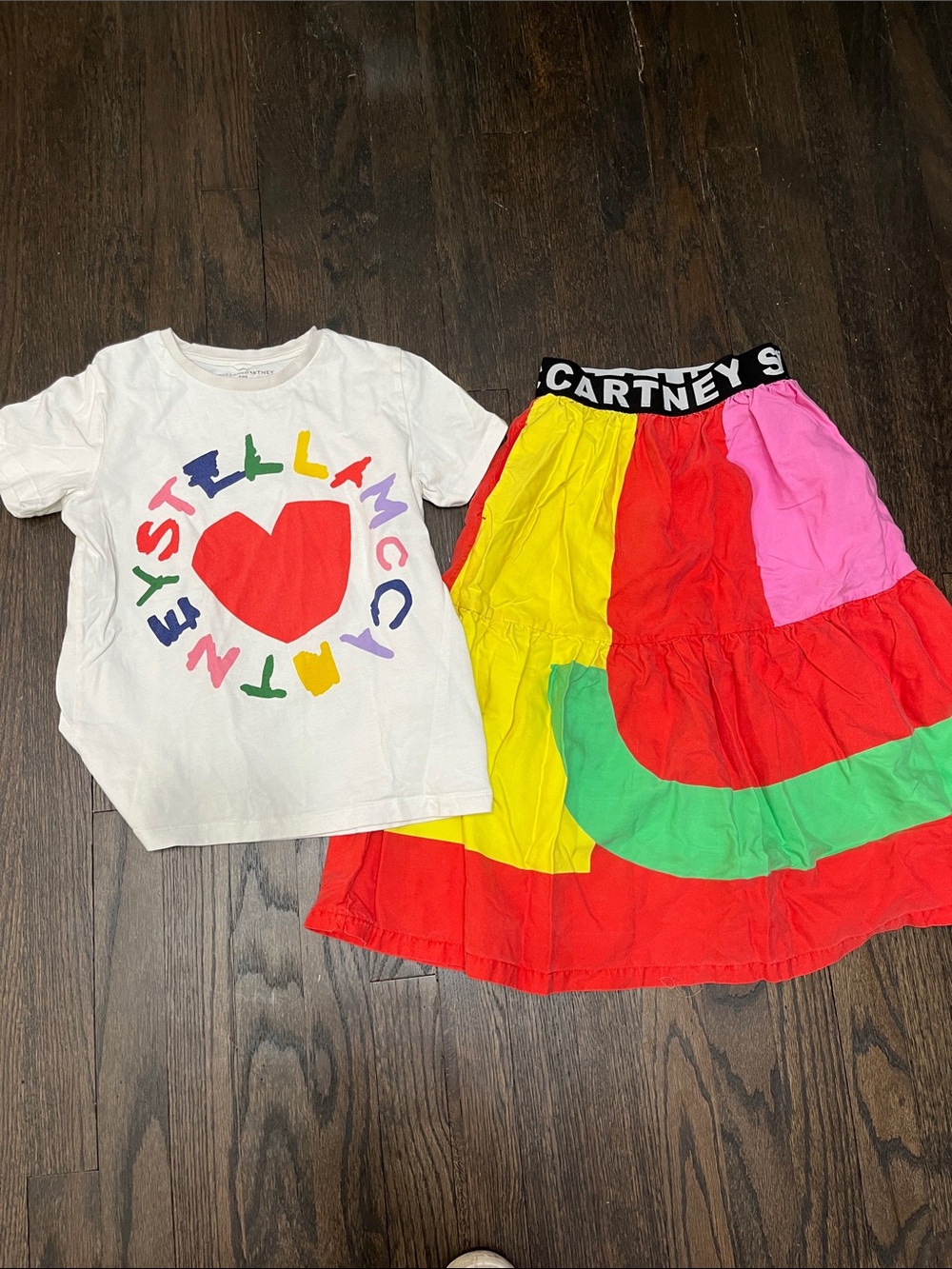 Stella McCartney Kids Multicolor Block Skirt and T set- Red, Yellow, Pink, Green
